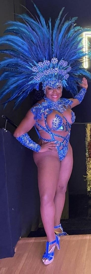 Anna in a blue samba costume